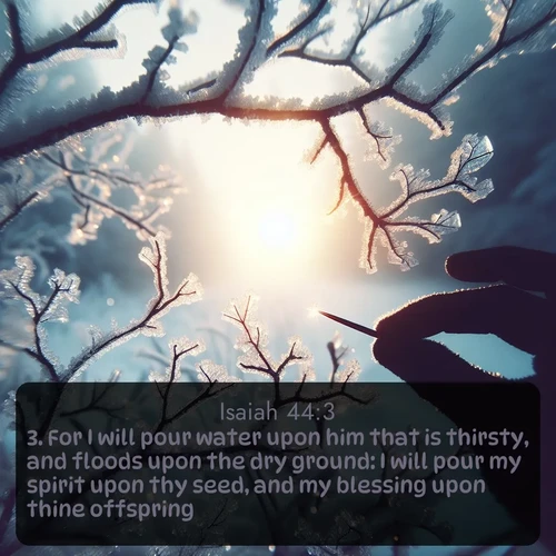 KJV Isaiah  ; image nature: image with the bible verse :For I will pour water upon him that is thirsty, and floods upon the dry ground: I will pour my spirit upon thy seed, and my blessing upon thine offspring: ; Explore our vast collection of images featuring beautifully illustrated Bible verses accompanied by nature photos. Discover inspiring and motivating verses paired with soothing landscapes, like shimmering lakes, majestic mountains, and lush forests. Our images highlight the peaceful beauty of God&#039;s creation with vibrant colors and varied fonts. Download and share verse images like KJV Isaiah 44:3. Current verse is overlayed with the thematic nature scene : Winter sunrise glows through ice-coated branches. ; 44:3