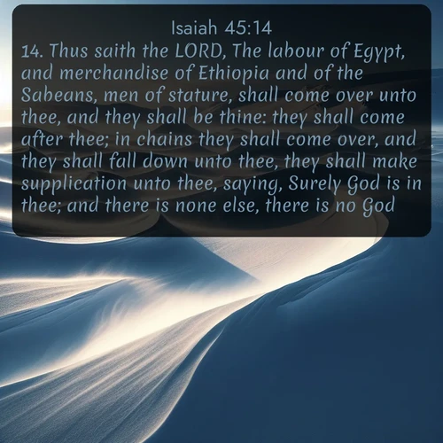 citation biblique : 14. Thus saith the LORD, The labour of Egypt, and merchandise of Ethiopia and of the Sabeans, men of stature, shall come over unto thee, and they shall be thine: they shall come after thee; in chains they shall come over, and they shall fall down unto thee, they shall make supplication unto thee, saying, Surely God is in thee; and there is none else, there is no God.
 sur fond image nature