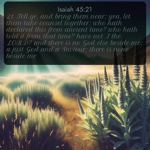 citation biblique : 21. Tell ye, and bring them near; yea, let them take counsel together: who hath declared this from ancient time? who hath told it from that time? have not I the LORD? and there is no God else beside me; a just God and a Saviour; there is none beside me.
 sur fond image nature