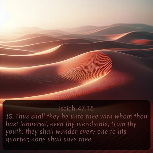 citation biblique : 15. Thus shall they be unto thee with whom thou hast laboured, even thy merchants, from thy youth: they shall wander every one to his quarter; none shall save thee.
 sur fond image nature