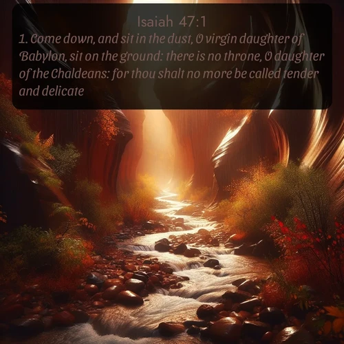 citation biblique : 1. Come down, and sit in the dust, O virgin daughter of Babylon, sit on the ground: there is no throne, O daughter of the Chaldeans: for thou shalt no more be called tender and delicate.
 sur fond image nature