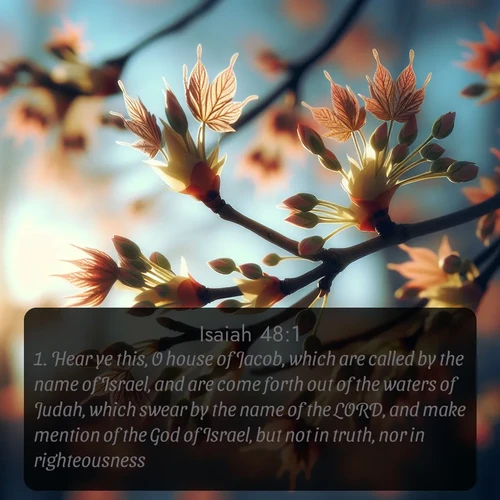 citation biblique : 1. Hear ye this, O house of Jacob, which are called by the name of Israel, and are come forth out of the waters of Judah, which swear by the name of the LORD, and make mention of the God of Israel, but not in truth, nor in righteousness.
 sur fond image nature