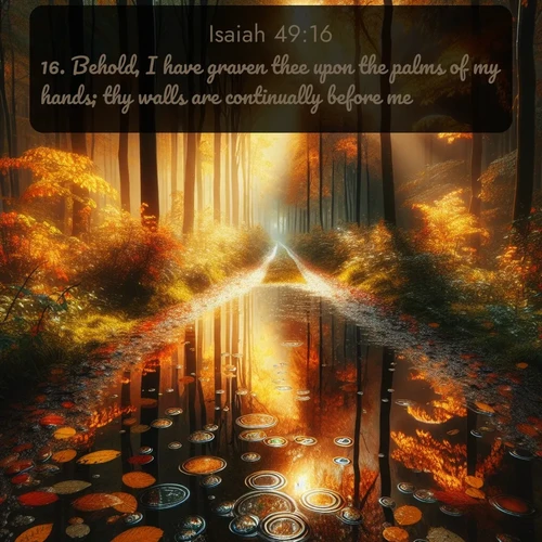 citation biblique : 16. Behold, I have graven thee upon the palms of my hands; thy walls are continually before me.
 sur fond image nature