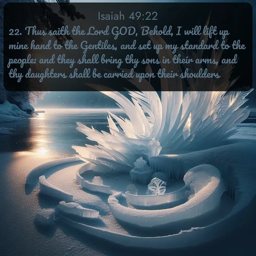 citation biblique : 22. Thus saith the Lord GOD, Behold, I will lift up mine hand to the Gentiles, and set up my standard to the people: and they shall bring thy sons in their arms, and thy daughters shall be carried upon their shoulders.
 sur fond image nature