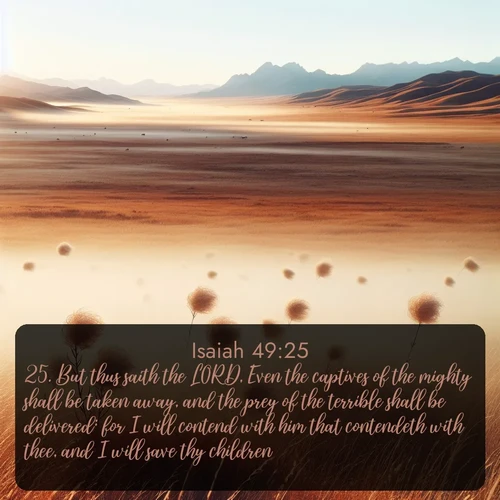 citation biblique : 25. But thus saith the LORD, Even the captives of the mighty shall be taken away, and the prey of the terrible shall be delivered: for I will contend with him that contendeth with thee, and I will save thy children.
 sur fond image nature