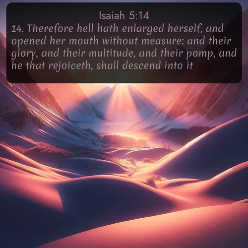 citation biblique : 14. Therefore hell hath enlarged herself, and opened her mouth without measure: and their glory, and their multitude, and their pomp, and he that rejoiceth, shall descend into it.
 sur fond image nature