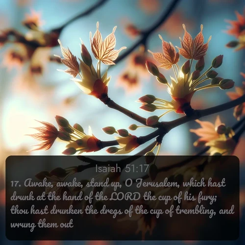 citation biblique : 17. Awake, awake, stand up, O Jerusalem, which hast drunk at the hand of the LORD the cup of his fury; thou hast drunken the dregs of the cup of trembling, and wrung them out.
 sur fond image nature