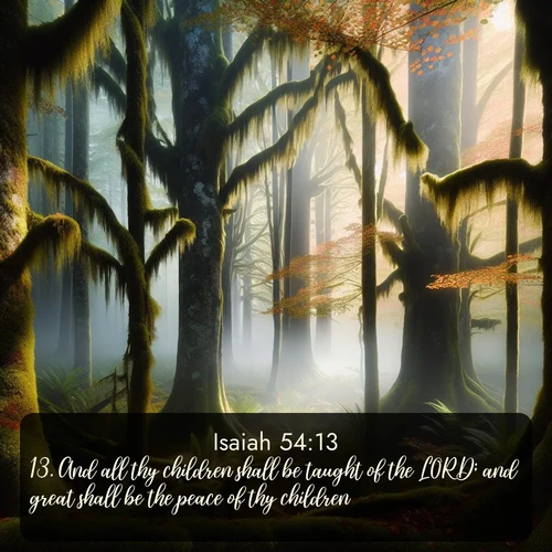citation biblique : 13. And all thy children shall be taught of the LORD; and great shall be the peace of thy children.
 sur fond image nature