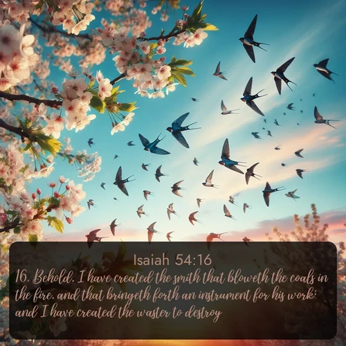 citation biblique : 16. Behold, I have created the smith that bloweth the coals in the fire, and that bringeth forth an instrument for his work; and I have created the waster to destroy.
 sur fond image nature