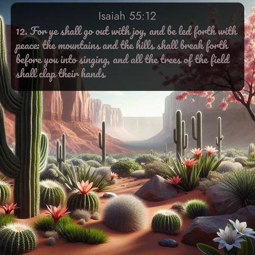 citation biblique : 12. For ye shall go out with joy, and be led forth with peace: the mountains and the hills shall break forth before you into singing, and all the trees of the field shall clap their hands.
 sur fond image nature
