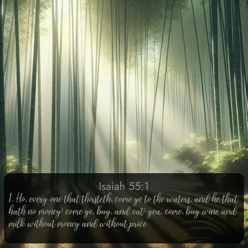 citation biblique : 1. Ho, every one that thirsteth, come ye to the waters, and he that hath no money; come ye, buy, and eat; yea, come, buy wine and milk without money and without price.
 sur fond image nature