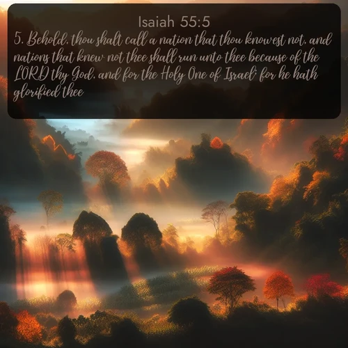 citation biblique : 5. Behold, thou shalt call a nation that thou knowest not, and nations that knew not thee shall run unto thee because of the LORD thy God, and for the Holy One of Israel; for he hath glorified thee.
 sur fond image nature