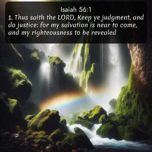 citation biblique : 1. Thus saith the LORD, Keep ye judgment, and do justice: for my salvation is near to come, and my righteousness to be revealed.
 sur fond image nature