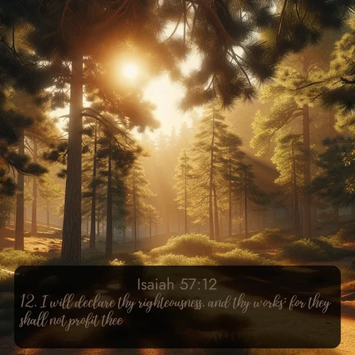 citation biblique : 12. I will declare thy righteousness, and thy works; for they shall not profit thee.
 sur fond image nature