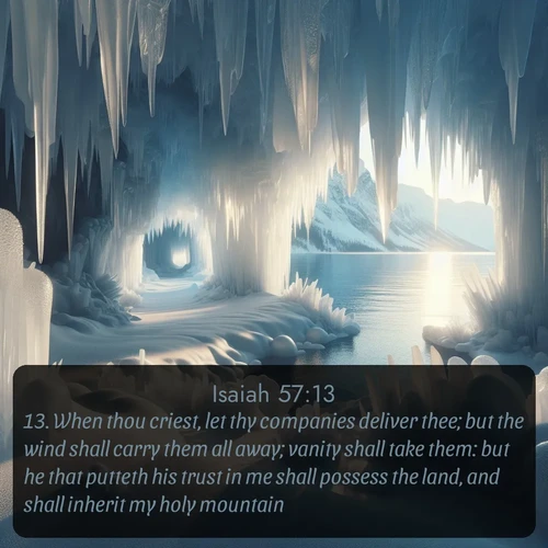 citation biblique : 13. When thou criest, let thy companies deliver thee; but the wind shall carry them all away; vanity shall take them: but he that putteth his trust in me shall possess the land, and shall inherit my holy mountain;
 sur fond image nature
