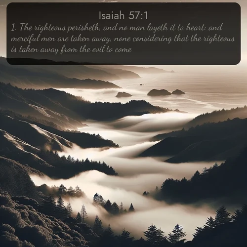 citation biblique : 1. The righteous perisheth, and no man layeth it to heart: and merciful men are taken away, none considering that the righteous is taken away from the evil to come.
 sur fond image nature