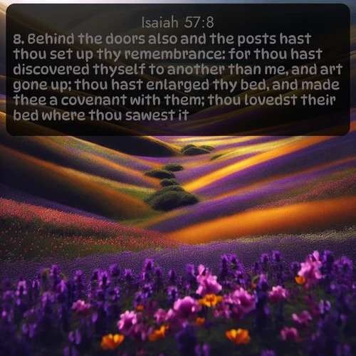 KJV Isaiah 57:8 overlaying nature image scene: Spring wildflowers carpet rolling hills in purple and gold.;8. Behind the doors also and the posts hast thou set up thy remembrance: for thou hast discovered thyself to another than me, and art gone up; thou hast enlarged thy bed, and made thee a covenant with them; thou lovedst their bed where thou sawest it.