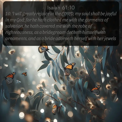 citation biblique : 10. I will greatly rejoice in the LORD, my soul shall be joyful in my God; for he hath clothed me with the garments of salvation, he hath covered me with the robe of righteousness, as a bridegroom decketh himself with ornaments, and as a bride adorneth herself with her jewels.
 sur fond image nature