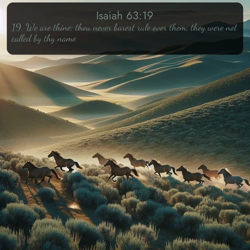 KJV Isaiah  ; image nature: image with the bible verse :We are thine: thou never barest rule over them; they were not called by thy name. ; Browse beautiful Bible verse images accompanied by peaceful scenes like calm seas, ancient forests, and radiant horizons. Download high-quality, free images featuring verses such as KJV Isaiah 63:19. Current verse is overlayed with the thematic nature scene : Wild mustangs gallop across sage-covered hills in the morning light. ; 63:19