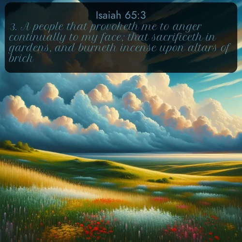 citation biblique : 3. A people that provoketh me to anger continually to my face; that sacrificeth in gardens, and burneth incense upon altars of brick;
 sur fond image nature