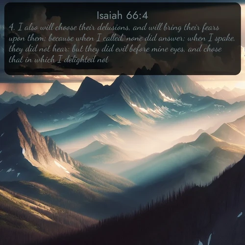 KJV Isaiah  ; image nature: image with the bible verse :I also will choose their delusions, and will bring their fears upon them; because when I called, none did answer; when I spake, they did not hear: but they did evil before mine eyes, and chose that in which I delighted not. ; Discover Bible images adorned with spring landscapes, like tulip fields, cherry blossoms, and green hills. These bright scenes symbolize God&#039;s renewal and grace. Download verses like KJV Isaiah 66:4. Current verse is overlayed with the thematic nature scene : Summer storms build over mountain peaks at midday. ; 66:4