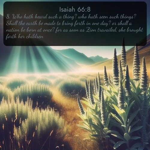 citation biblique : 8. Who hath heard such a thing? who hath seen such things? Shall the earth be made to bring forth in one day? or shall a nation be born at once? for as soon as Zion travailed, she brought forth her children.
 sur fond image nature