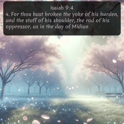 KJV Isaiah  ; image nature: image with the bible verse :For thou hast broken the yoke of his burden, and the staff of his shoulder, the rod of his oppressor, as in the day of Midian. ; Dive into our collection of Bible verse images beautifully illustrated with beach photos, featuring gentle waves, sunsets over the sea, and sandy shores. These scenes evoke the peace and majesty of God. Download and share inspiring verses like KJV Isaiah 9:4. Current verse is overlayed with the thematic nature scene : Spring rain falls on cherry trees in full bloom, petals drifting like snow. ; 9:4