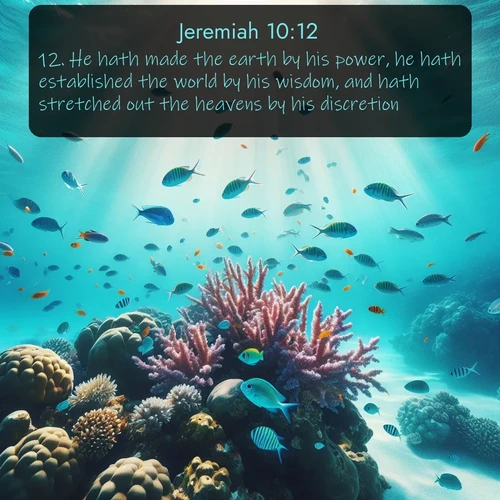 citation biblique : 12. He hath made the earth by his power, he hath established the world by his wisdom, and hath stretched out the heavens by his discretion.
 sur fond image nature