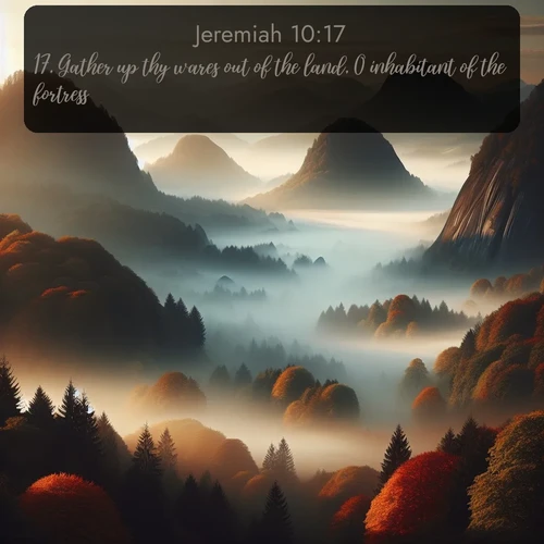 citation biblique : 17. Gather up thy wares out of the land, O inhabitant of the fortress.
 sur fond image nature