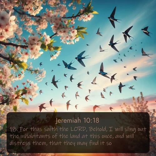 citation biblique : 18. For thus saith the LORD, Behold, I will sling out the inhabitants of the land at this once, and will distress them, that they may find it so.
 sur fond image nature