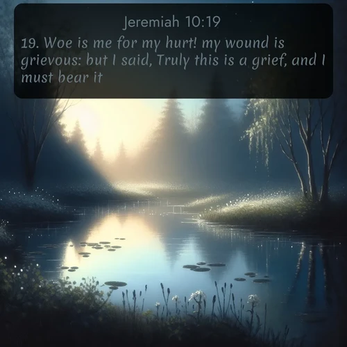 citation biblique : 19. Woe is me for my hurt! my wound is grievous: but I said, Truly this is a grief, and I must bear it.
 sur fond image nature