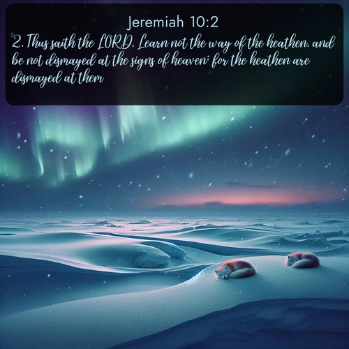 KJV Jeremiah  ; image nature: image with the bible verse :Thus saith the LORD, Learn not the way of the heathen, and be not dismayed at the signs of heaven; for the heathen are dismayed at them. ; Explore free Bible verse images with stunning nature themes, including sunlit paths, forest clearings, and endless horizons. Perfect for desktop backgrounds or phone wallpapers. Verses include KJV Jeremiah 10:2. Current verse is overlayed with the thematic nature scene : Northern lights dance across the frozen tundra in ribbons of green and purple. Snow falls silently on sleeping arctic foxes. ; 10:2