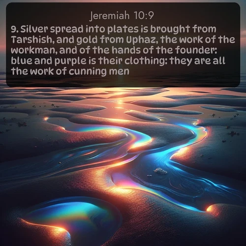 citation biblique : 9. Silver spread into plates is brought from Tarshish, and gold from Uphaz, the work of the workman, and of the hands of the founder: blue and purple is their clothing: they are all the work of cunning men.
 sur fond image nature