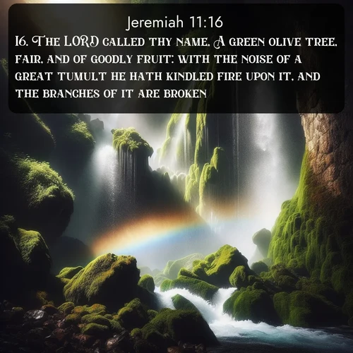citation biblique : 16. The LORD called thy name, A green olive tree, fair, and of goodly fruit: with the noise of a great tumult he hath kindled fire upon it, and the branches of it are broken.
 sur fond image nature