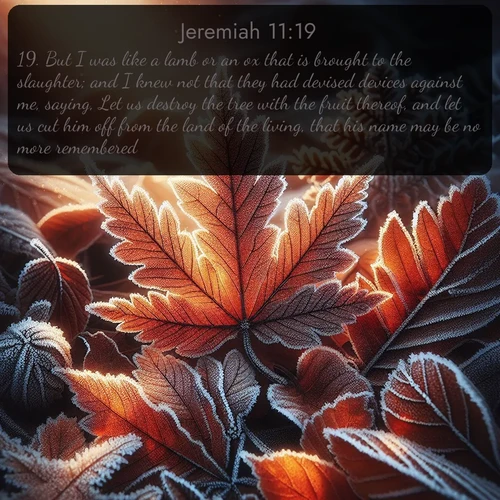 citation biblique : 19. But I was like a lamb or an ox that is brought to the slaughter; and I knew not that they had devised devices against me, saying, Let us destroy the tree with the fruit thereof, and let us cut him off from the land of the living, that his name may be no more remembered.
 sur fond image nature