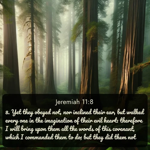 citation biblique : 8. Yet they obeyed not, nor inclined their ear, but walked every one in the imagination of their evil heart: therefore I will bring upon them all the words of this covenant, which I commanded them to do; but they did them not.
 sur fond image nature