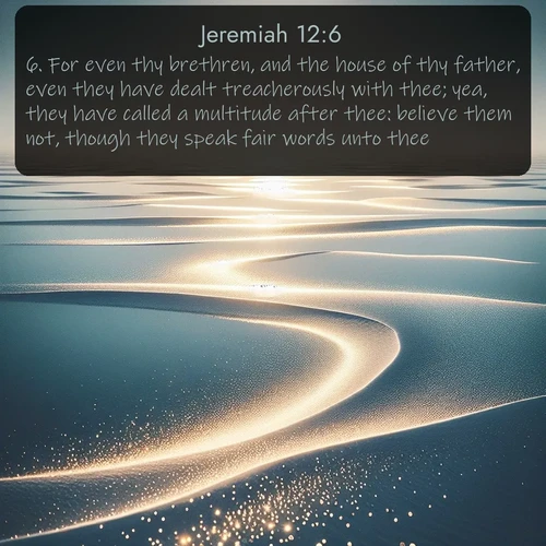 citation biblique : 6. For even thy brethren, and the house of thy father, even they have dealt treacherously with thee; yea, they have called a multitude after thee: believe them not, though they speak fair words unto thee.
 sur fond image nature