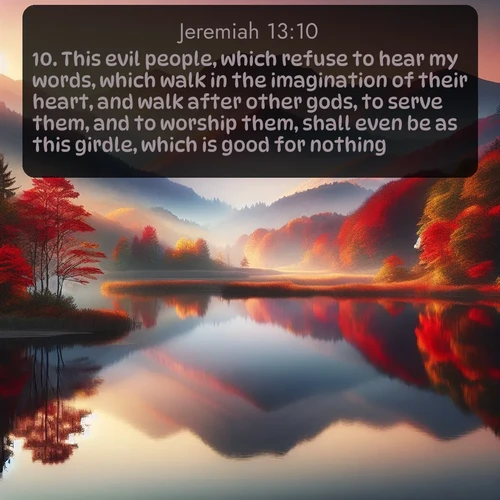 citation biblique : 10. This evil people, which refuse to hear my words, which walk in the imagination of their heart, and walk after other gods, to serve them, and to worship them, shall even be as this girdle, which is good for nothing.
 sur fond image nature