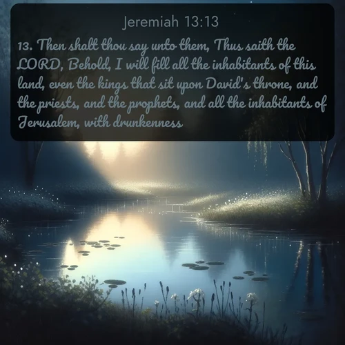 citation biblique : 13. Then shalt thou say unto them, Thus saith the LORD, Behold, I will fill all the inhabitants of this land, even the kings that sit upon David&#039;s throne, and the priests, and the prophets, and all the inhabitants of Jerusalem, with drunkenness.
 sur fond image nature