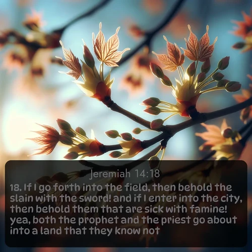 KJV Jeremiah  ; image nature: image with the bible verse :If I go forth into the field, then behold the slain with the sword! and if I enter into the city, then behold them that are sick with famine! yea, both the prophet and the priest go about into a land that they know not. ; Admire our autumnal collection of Bible verse images accompanied by photos of paths lined with red and yellow leaves, fiery forests, and calm rivers. These images inspire reflection and serenity. Share verses like KJV Jeremiah 14:18. Current verse is overlayed with the thematic nature scene : Spring buds burst open on maple branches against a blue sky. ; 14:18