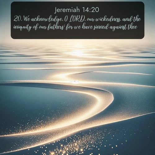 KJV Jeremiah  ; image nature: image with the bible verse :We acknowledge, O LORD, our wickedness, and the iniquity of our fathers: for we have sinned against thee. ; Browse a gallery of Bible verses paired with summer scenes, such as golden wheat fields, bright skies, and sunny beaches. These images convey the joy and warmth of God&#039;s creation. Download and share verses like KJV Jeremiah 14:20. Current verse is overlayed with the thematic nature scene : Summer heat waves ripple above salt flats stretching to the horizon. ; 14:20