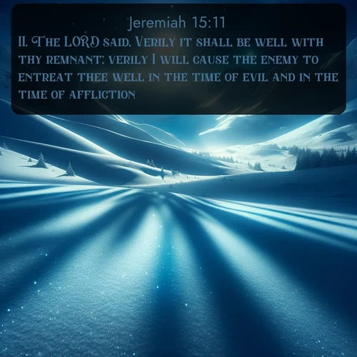 citation biblique : 11. The LORD said, Verily it shall be well with thy remnant; verily I will cause the enemy to entreat thee well in the time of evil and in the time of affliction.
 sur fond image nature