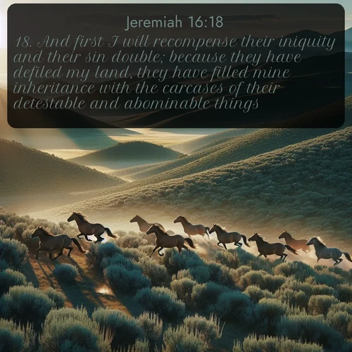 citation biblique : 18. And first I will recompense their iniquity and their sin double; because they have defiled my land, they have filled mine inheritance with the carcases of their detestable and abominable things.
 sur fond image nature