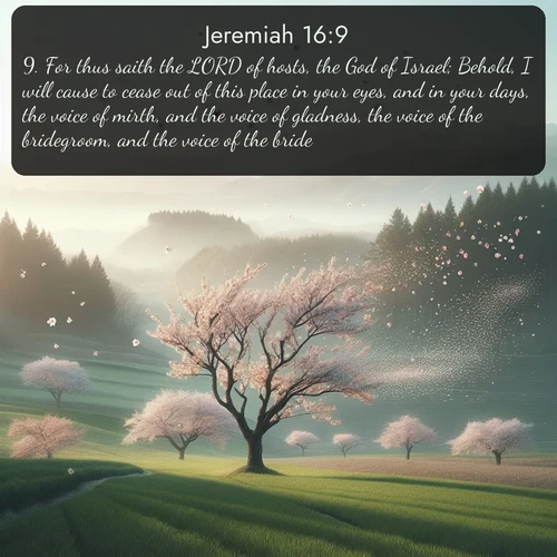 citation biblique : 9. For thus saith the LORD of hosts, the God of Israel; Behold, I will cause to cease out of this place in your eyes, and in your days, the voice of mirth, and the voice of gladness, the voice of the bridegroom, and the voice of the bride.
 sur fond image nature