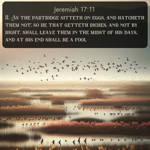 KJV Jeremiah  ; image nature: image with the bible verse :As the partridge sitteth on eggs, and hatcheth them not; so he that getteth riches, and not by right, shall leave them in the midst of his days, and at his end shall be a fool. ; Browse an inspiring gallery of Bible verse images with nature photos, such as blooming gardens, golden deserts, and shaded forests. The chosen images capture the peaceful and joyful essence of God&#039;s creation, with vibrant colors and harmonious fonts. Share verses like KJV Jeremiah 17:11. Current verse is overlayed with the thematic nature scene : Spring migration fills marshlands with calling birds. ; 17:11