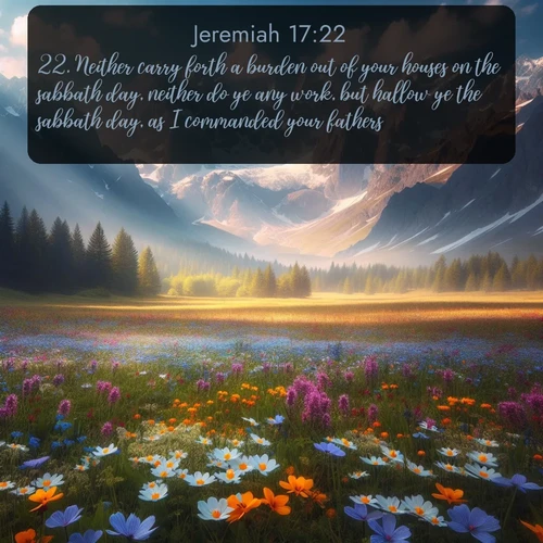 citation biblique : 22. Neither carry forth a burden out of your houses on the sabbath day, neither do ye any work, but hallow ye the sabbath day, as I commanded your fathers.
 sur fond image nature