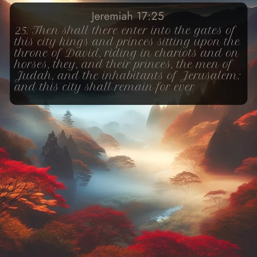 citation biblique : 25. Then shall there enter into the gates of this city kings and princes sitting upon the throne of David, riding in chariots and on horses, they, and their princes, the men of Judah, and the inhabitants of Jerusalem: and this city shall remain for ever.
 sur fond image nature