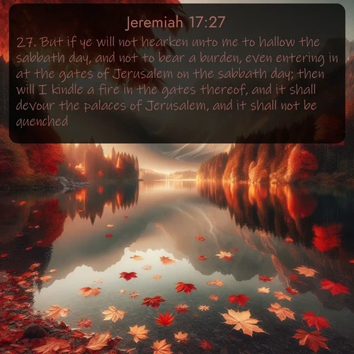 KJV Jeremiah  ; image nature: image with the bible verse :But if ye will not hearken unto me to hallow the sabbath day, and not to bear a burden, even entering in at the gates of Jerusalem on the sabbath day; then will I kindle a fire in the gates thereof, and it shall devour the palaces of Jerusalem, and it shall not be quenched. ; Browse our library of beautiful Bible verse images, perfect for wallpapers or sharing. Each verse is paired with serene natural landscapes like misty mountains, calming beaches, and colorful sunsets. Download and enjoy verses such as KJV Jeremiah 17:27. Current verse is overlayed with the thematic nature scene : Autumn leaves scatter across mirror-like mountain lakes. ; 17:27