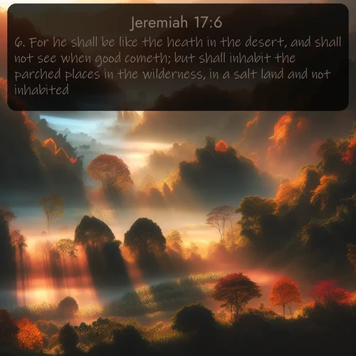 citation biblique : 6. For he shall be like the heath in the desert, and shall not see when good cometh; but shall inhabit the parched places in the wilderness, in a salt land and not inhabited.
 sur fond image nature