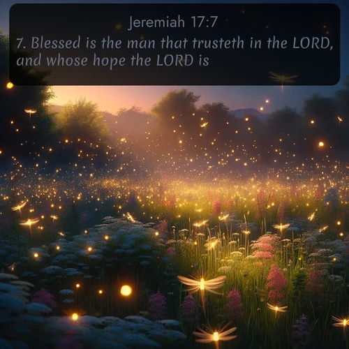 KJV Jeremiah  ; image nature: image with the bible verse :Blessed is the man that trusteth in the LORD, and whose hope the LORD is. ; Explore a spring collection of Bible images, with landscapes of green hills, wildflowers, and crystal-clear streams. These images symbolize the blossoming of God&#039;s creation. Download verses like KJV Jeremiah 17:7. Current verse is overlayed with the thematic nature scene : Fireflies dance above a spring meadow filled with singing crickets. ; 17:7